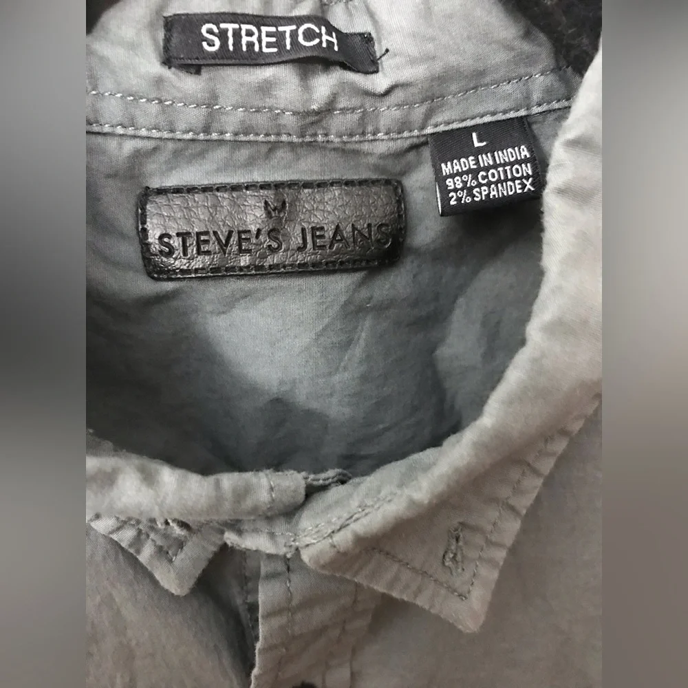 STEVE’S Jeans Mens Cotton Gray Military Style Short Sleeve Button Down Shirt L